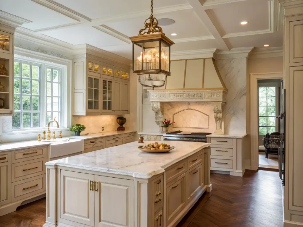 "Neoclassical kitchen with marble island, brass chandelier, decorative cabinetry, and cozy decor elements"