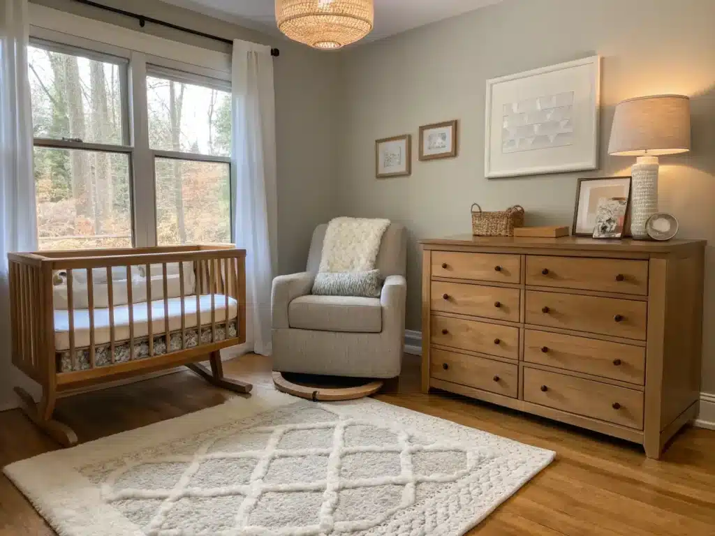 "Nursery room design featuring neutral wooden furniture, a cozy rug, a glider chair, and warm lighting"