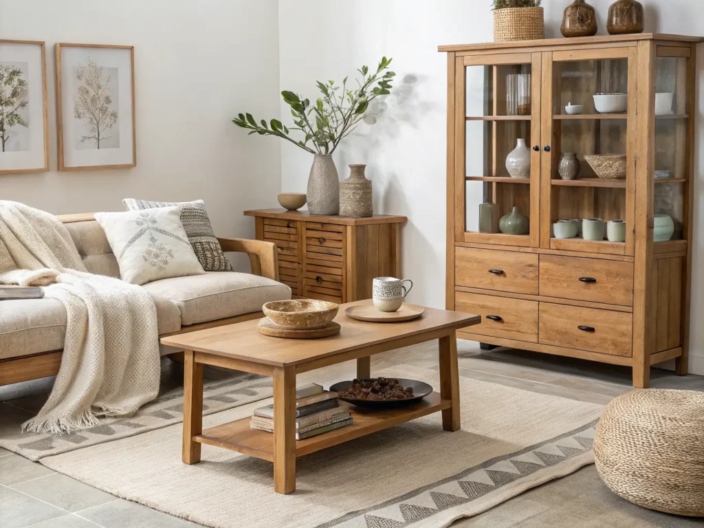 "Organic modern living room with oak furniture, linen furnishings, and ceramic accents on a clean background"