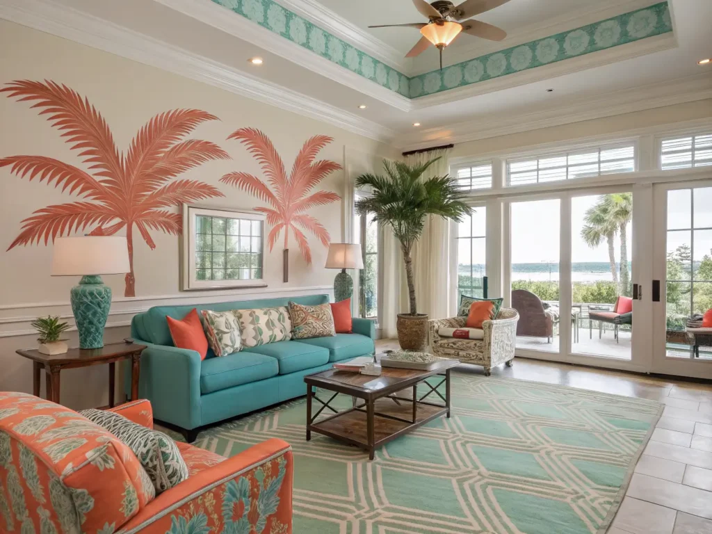 "Orlando resort-style living room with aqua, coral, and palm accents"