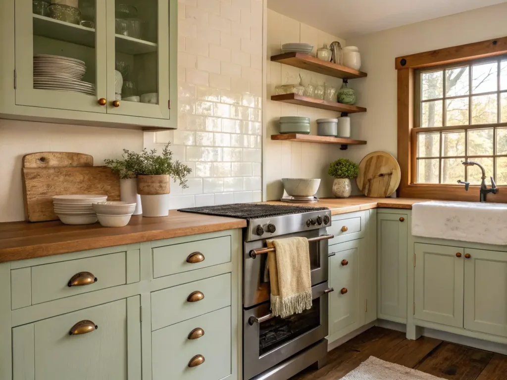 "Warm farmhouse kitchen with sage green and white cabinets, butcher block countertop, brass hardware, and open shelving under natural afternoon light."