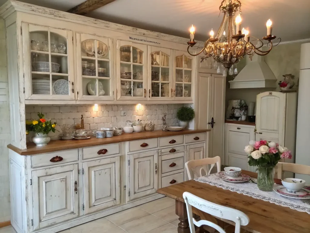 "Shabby chic kitchen interior with chalk painted cabinets and ironstone chandelier"