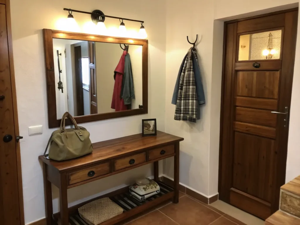 "Small apartment entrance featuring a walnut console, mirror, hooks, and warm toned lighting"