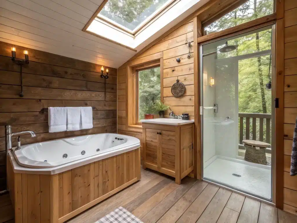 "Small bathroom with warm white spa tub, wooden vanity, glass shower, and abundant natural light"