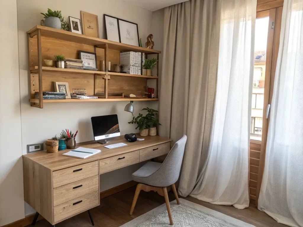 "Tiny apartment home office with floating oak desk, shelf units, and linen curtains"
