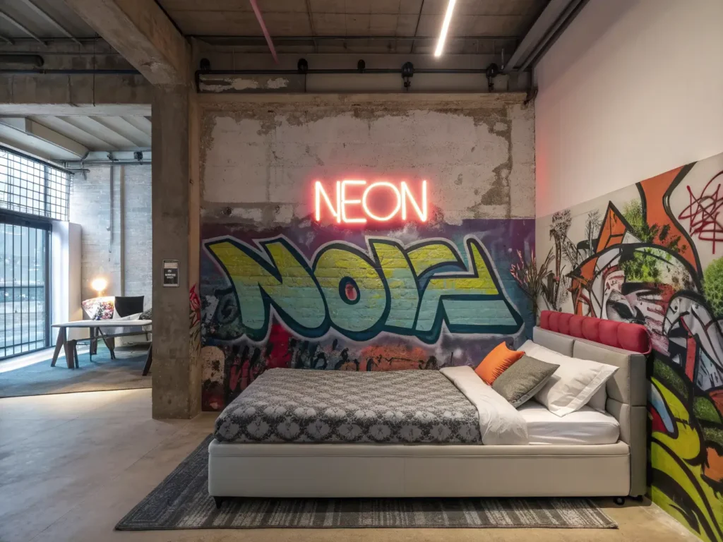 "Urban style low bed bedroom with graffiti wall and neon sign"