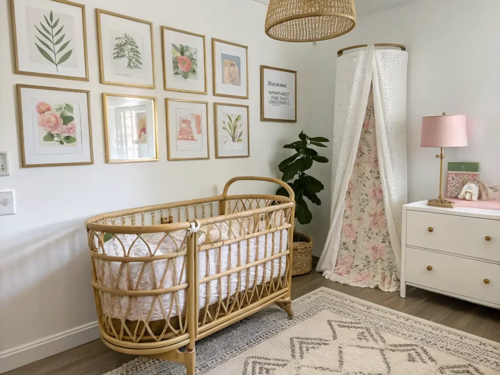 "Vintage modern nursery with a crib, wicker brass lamp and gallery wall"
