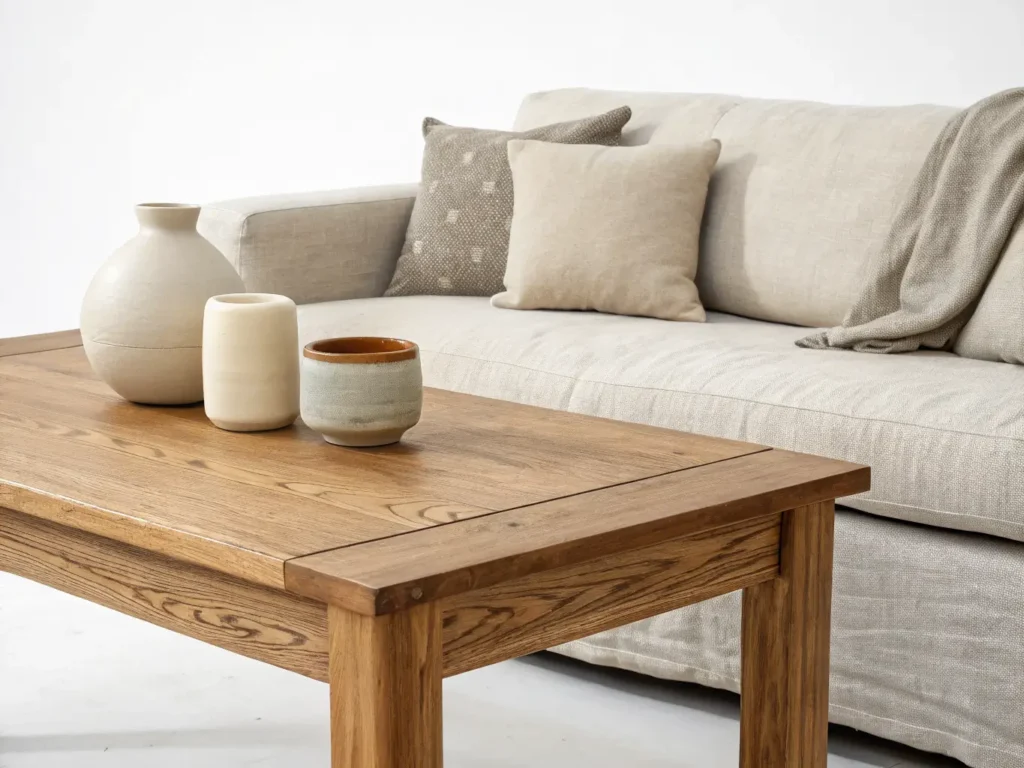 "Oak table with a ceramic vase and linen sofa in a clean, wabi-sabi style room"