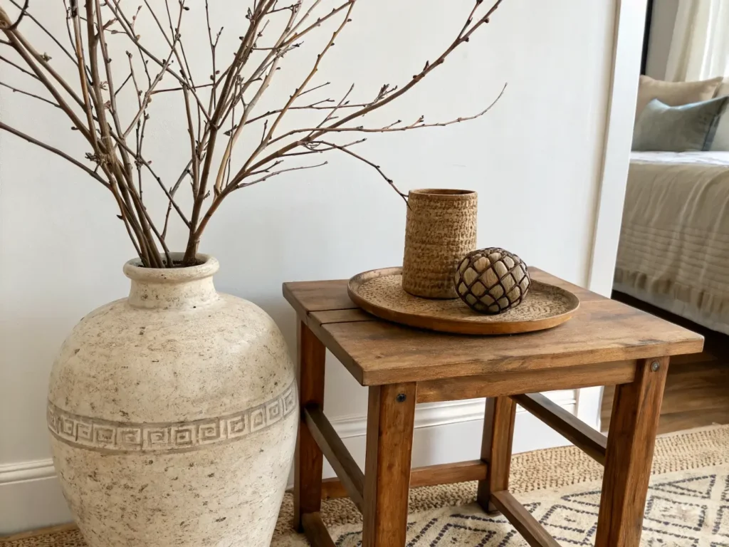 "Wabi-sabi side table featuring a ceramic vase with branches against a clean background"