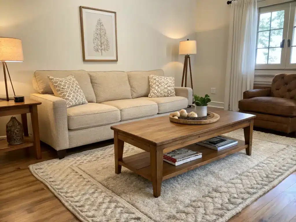 "Warm minimalist living room with oatmeal sofa, wood coffee table, and wool rug"