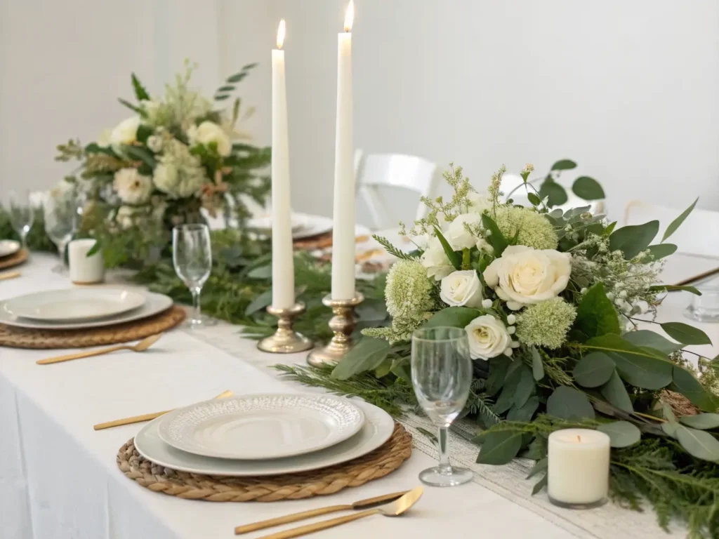 "Elegant wedding tablescape with taper candles, floral arrangements, and charger plates on clean background"