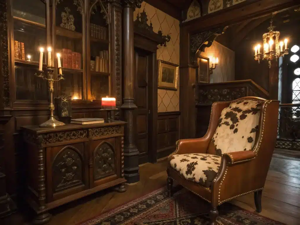 "Vintage western gothic parlor featuring a leather chair with cowhide and candlelight"